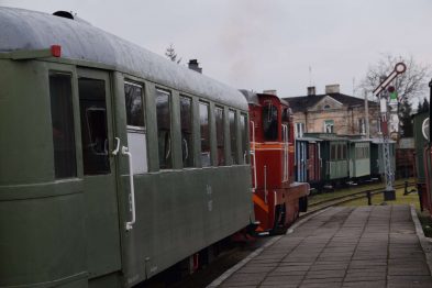 Stacja kolejowa z zabytkowym taborzem wąskotorowym: lokomotywa spalinowa oraz wagony pasażerskie. Na pierwszym planie widoczny jest zielony wagon, za nim czerwona lokomotywa i szereg innych kolorowych wagonów. W tle budynki z epoki oraz sygnalizacja kolejowa.