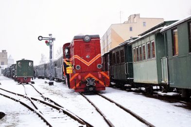 Czerwona lokomotywa stoi na torach obok zielonych wagonów wąskotorowych. W tle widać sygnały kolejowe i inne tory, na których stoi zielona lokomotywa. Na dworze panuje zimowa aura, a pokrywa śniegu leży na ziemi oraz na dachach wagonów.