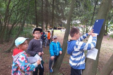 Grupa dzieci o różnym wieku uczestniczy w aktywności na zewnątrz, jedno z nich przykleja kartkę do pnia drzewa. Dzieci są ubrane w kurtki i czapki, co wskazuje na chłodniejszą pogodę. Otoczenie jest zalesione, co sugeruje, że aktywność może mieć miejsce w parku lub lesie.
