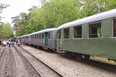 Zielony wagon kolejowy stoi na torach w otoczeniu drzew, z tłumem ludzi obok, którzy wydają się być uczestnikami wycieczki. Wagon ma oznaczenie 