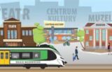 Ilustracja przedstawia zielony pociąg w ruchu na znakiem 'koleje miejscowości', mijający budynek teatru, centrum kultury i muzeum. Postacie ludzkie spacerują chodnikiem, a tło zajmują kontury miejskiej zabudowy. Po lewej stronie widać pas drzew, a cała scena utrzymana jest w stylistyce kreskówki.