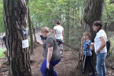 Grupa osób stoi w lesie i czyta informację umieszczoną na drzewie. Jest dzień, a słońce prześwituje przez gęste liście drzew. Osoby mają na sobie odzież wycieczkową i wydają się być zaangażowane w lekturę treści.
