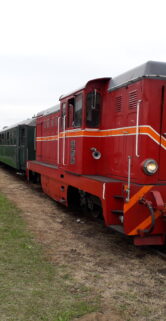 Czerwony zabytkowy lokomotyw spalinowy stoi na torach obok peronu; za lokomotywą znajduje się kilka zielonych wagonów pasażerskich. Peron jest pusty oprócz jednej postaci stojącej po lewej stronie. W tle widoczne są białe budynki z czerwonymi dachami i szerokie pola.