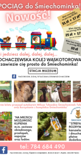 Widoczna jest kolorowa ulotka informacyjna o tematyce kolejowej, zawierająca zdjęcia zwierząt i atrakcji parku rozrywki oraz różnorodną treść tekstową. Zdjęcia prezentują słonia, żyrafę, flamingi i inne zwierzęta, a także wesołe miasteczko z karuzelami, które są częścią oferty parku rozrywki. Na ulotce znajdują się także informacje o cenach biletów oraz numer telefonu do kontaktu.