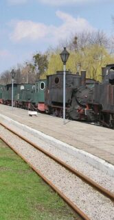 Szlak kolejowy wiodący przez muzeum otaczają z obu stron stare lokomotywy i wagony kolejowe w różnych kolorach ustawione równolegle względem siebie. Tor kolejowy wyposażony jest w drewniane podkłady, a wzdłuż toru znajdują się metalowe latarnie. Tło obrazu stanowi bezchmurne niebo i rozproszone drzewa w tle.