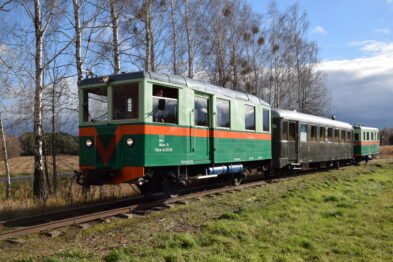 Skład kolei wąskotorowej, składający się z zielono-pomarańczowego wagonu motorowego, białego wagonu osobowego i kolejnego wagonu motorowego, jest widoczny na torach w terenie zadrzewionym. Wagon motorowy ma na boku oznaczenia 