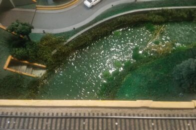 Makieta TT prezentuje sekcję rzeki o realistycznie odwzorowanej wodzie z efektem płynięcia i otaczającej roślinności. Na brzegu rzeki widać drogę z białym samochodem oraz fragment toru kolejowego. Zielone drzewa i krzewy dodają scenie naturalności, a wszystko wykonane jest z dbałością o szczegóły charakterystyczne dla modeli kolejowych.