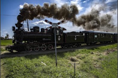 Parowóz wypuszcza strugi dymu, przekraczając przejazd kolejowy z zaporami. Po obu stronach torów rozciąga się zielona trawa i niewysoka roślinność. Lokomotywa ciągnie za sobą wagony pasażerskie, tworząc klasyczny skład pociągu retro.