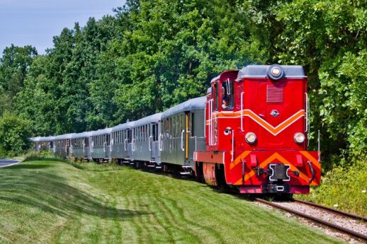 Czerwony parowóz z długim składem wagonów pasażerskich przejeżdża przez zielony krajobraz. Dookoła linii kolejowej rosną gęste drzewa i krzewy. Pociąg jest odrestaurowany i w pełni sprawny, świadcząc o dbałości o kolejowe dziedzictwo.