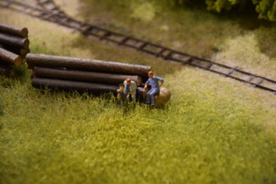 Trzy miniaturowe postacie znajdują się obok stosu drewnianych balków leżących na trawiastym terenie przy torach kolejowych. Jedna z postaci, ubrana w niebieski uniform, trzyma notes i rozmawia z dwoma pozostałymi, które mają na sobie robocze stroje. Trawa wokół jest wysoka, a tory zakrzywiają się delikatnie w prawo w tle.