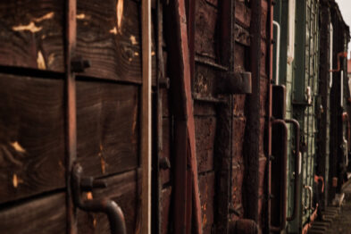 Perspektywa pokazuje szereg starych, drewnianych wagonów kolejowych ustawionych jeden obok drugiego. Wagon najbliższy jest otwarty, widać jego drewniane ściany i metalowe elementy. Szyny przebiegają wzdłuż wagonów, a po lewej stronie znajduje się metalowa drabina.