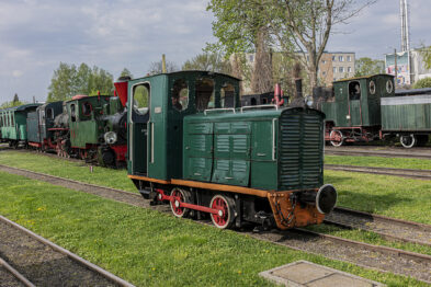 Zdjęcie przedstawia zieloną lokomotywę spalinową na pierwszym planie oraz szereg innych zabytkowych lokomotyw i wagonów kolei wąskotorowej w tle. Lokomotywa ma czerwone detale, takie jak koła i elementy podwozia. Tabor kolejowy jest ustawiony na torach w muzeum na zewnątrz w dzień, otoczony zielenią i drzewami.