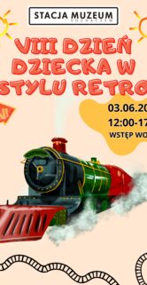 Plakat promuje VIII Dzień Dziecka w stylu retro, przedstawiając kolorowy rysunek parowozu z kłębami dymu. Widać napis "FUN" w górnej części i datę wydarzenia "03.06.2023". Informuje o bezpłatnym wstępie i podaje godziny wydarzenia od 12:00 do 17:00.