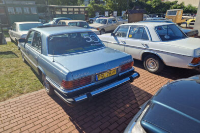 Klasyczne modele Mercedesów o różnych kolorach są zaparkowane na terenie muzeum. Widać starannie utrzymane samochody z lat 70. i 80., między innymi sedan w kolorze niebieskim. W tle dostrzegalne są również drzewa i budynek, świadcząc o muzealnym otoczeniu.