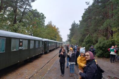 Grupa ludzi zgromadziła się przy zielonym pociągu na stacji kolejowej, otoczeni lasem. Niektórzy pasażerowie rozmawiają, inni przyglądają się otoczeniu, a dziecko na rękach dorosłego obserwuje kamerę. Tory kolejowe przecinają się tuż przed obiektywem, biegnąc wzdłuż pociągu.