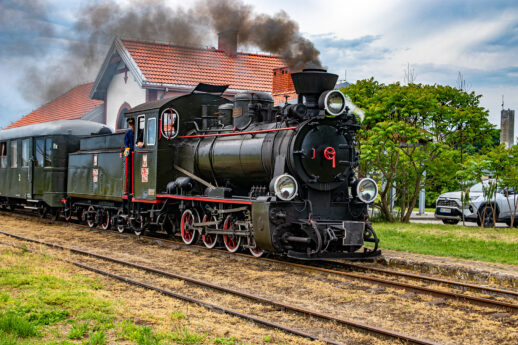 Czarna, zadbana lokomotywa parowa z numerem 19 na przodzie ciągnie za sobą ciemnobrązowe wagony na torach kolejowych. Kłęby białego dymu unoszą się nad lokomotywą. W tle widoczne są zielone drzewa i białe budynki.