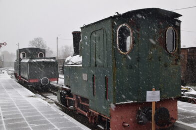 Dwa stare parowozy stoją na torach kolejowych w lekkim opadzie śniegu. Lokomotywy są różniących się wielkością i kształtem, z przodu widoczny parowóz jest mniejszy i ma zielone malowanie. Za lokomotywami widać częściowo pokryte śniegiem torowisko i sygnalizator kolejowy.