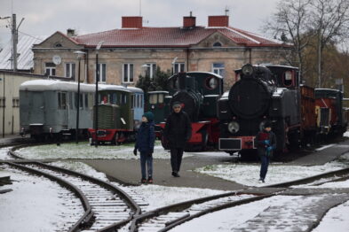Ludzie spacerują między starymi parowozami i wagonami na tle stacji kolejowej. Towarzyszy im delikatny, biały pokrywający okolicę śnieg, który dodaje uroku temu scenerii. Lokomotywy odbiegają wyglądem od nowoczesnych maszyn, mające kształty z poprzedniej epoki technologicznej.