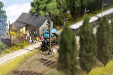 Makieta przedstawia scenę z miniaturową lokomotywą i wagonami na torach kolejowych w otoczeniu zieleni i modeli budynków. Na tle makiety widoczni są ludzie w formie niewielkich figurek, stojący przy torach i na peronie. Całość kompozycji wydaje się być dokładnym odwzorowaniem sceny kolejowej w mniejszej skali.
