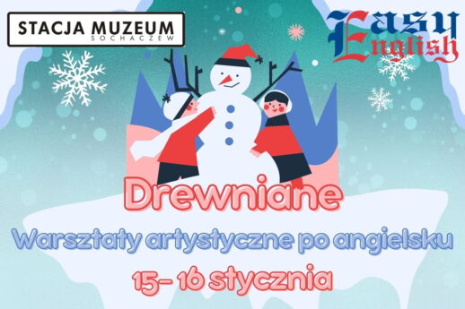 Plakat promujący warsztaty artystyczne przedstawia radosnego bałwana otoczonego przez dwoje dzieci, wszystkie postacie uśmiechają się i trzymają pędzle. Tło składa się z niebieskiej zimowej scenerii z płatkami śniegu, a data 