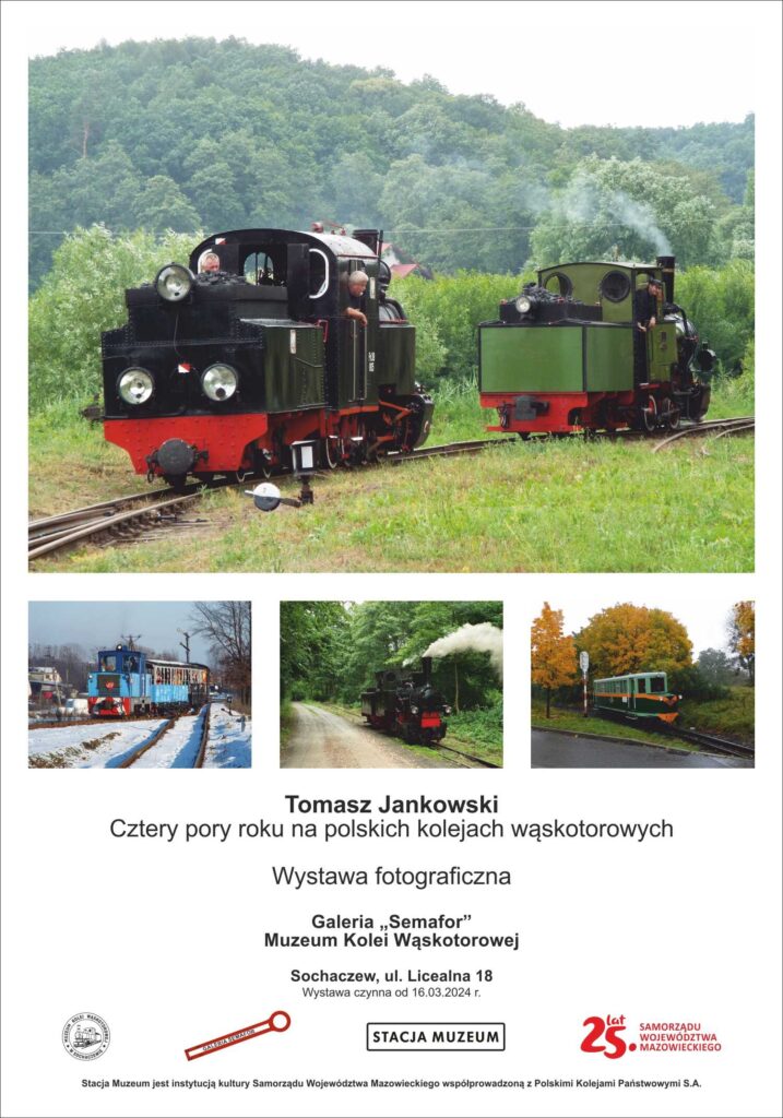 Na czterech zdjęciach lokomotywy wąskotorowe: parowozy, lokomotywa spalinowa i wagon motorowy